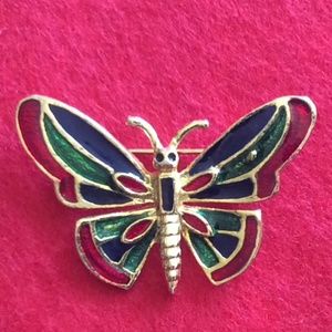 Vintage Enameled Colorful Butterfly Brooch Pin Gold Tone